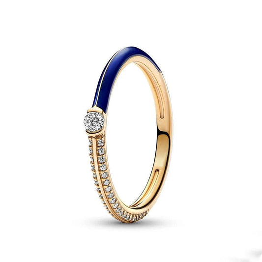 Gold-plated Ring with Blue enamel and clear cubic zirconia