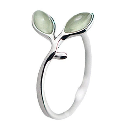 Adjustable Silver Ring with Green Leaf-Shaped Gemstones