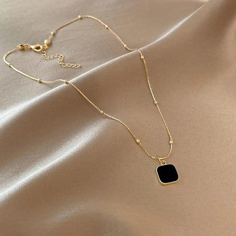 Gold-Plated Black Onyx Square Pendant Necklace for Chic Style