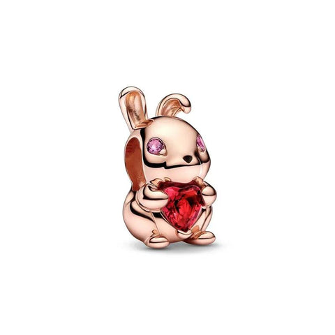 Rose Gold Bunny Charm with Red Heart Stone and Pink Crystals - Rose Gold Bunny Charm with Red Heart Stone and Pink Crystals