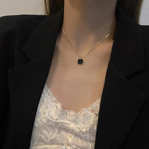 Gold-Plated Black Onyx Square Pendant Necklace for Chic Style - Gold-Plated Black Onyx Square Pendant Necklace for Chic Style
