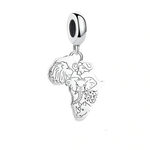 Silver charm with elephant design on a white background