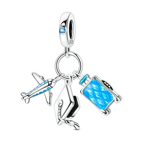 Airplane, Graduation Cap & Suitcase Travel Dangle Charm - Airplane, Graduation Cap & Suitcase Travel Dangle Charm