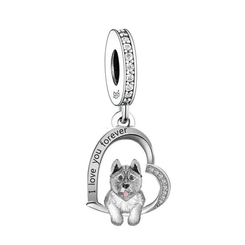Akita Inu Love Silver Heart Dog Charm - Akita Inu Love Silver Heart Dog Charm