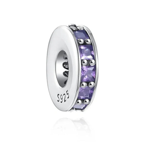 Amethyst Cubic Zirconia Spacer Charm in Sterling Silver - Amethyst Cubic Zirconia Spacer Charm in Sterling Silver
