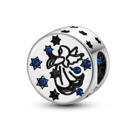 Sterling Silver Angel Charm with Blue Star Accents - Sterling silver charm featuring an angel surrounded by blue star accents, ideal for charm bracelets or necklaces.