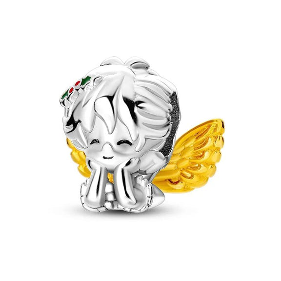 Adorable Angel Charm with Golden Wings and Sterling Silver - Sterling silver angel charm with golden wings and a cute expression, perfect for charm bracelets or necklaces.