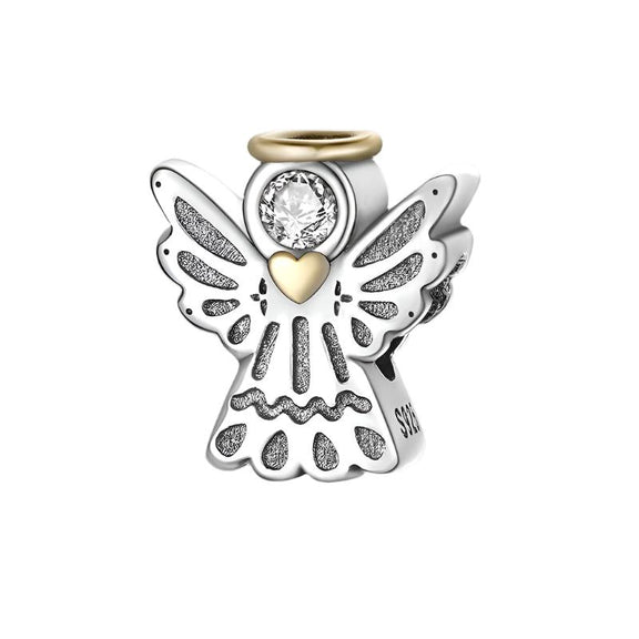 Sterling Silver Angel Charm with Golden Halo and Heart Accent - Sterling silver angel charm with a golden halo and heart, perfect for charm bracelets or necklaces.