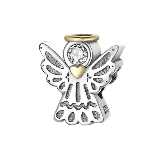 Sterling silver angel charm with a golden halo and heart, perfect for charm bracelets or necklaces.