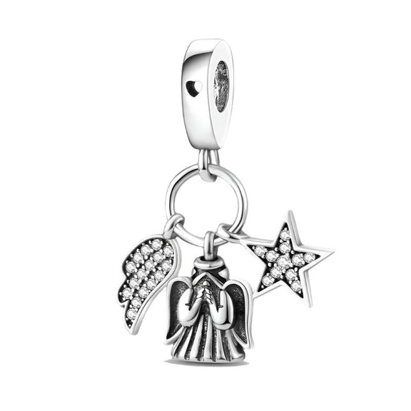 Angel Charm with Wing and Star Pendants in Sterling Silver - Sterling silver charm with an angel, wing, and star pendants, featuring crystal accents for charm bracelets.