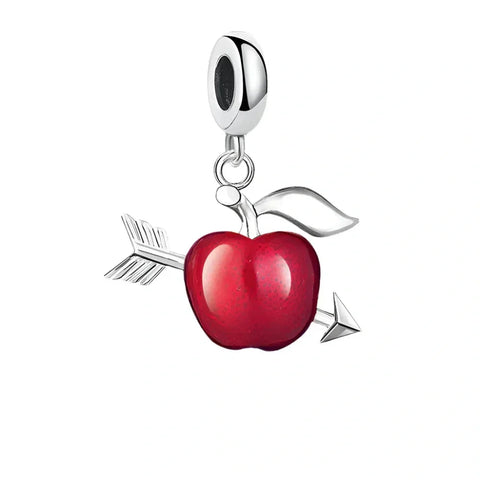 Silver apple charm pierced by an arrow.