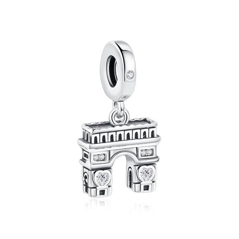 Arc de Triomphe Paris Landmark Dangle Charm - Silver-tone Arc de Triomphe dangle charm with cubic zirconia heart and square accents, hanging from a clip-on bail, shown on white background