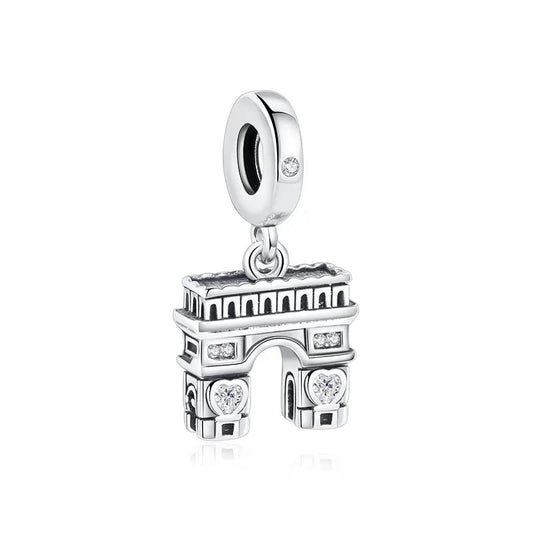 Silver-tone Arc de Triomphe dangle charm with cubic zirconia heart and square accents, hanging from a clip-on bail, shown on white background