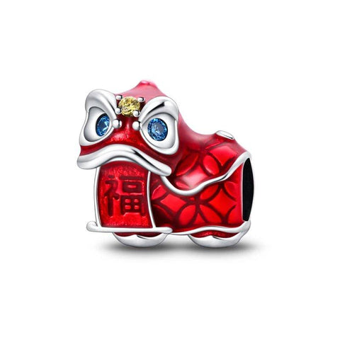 Sterling Silver Charm with Red Enamel Lion Dance - Sterling Silver Charm with Red Enamel Lion Dance