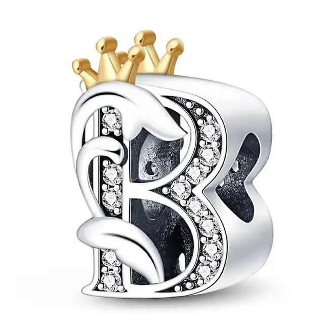 B Silver charm letter with gold Crown for pandora bracelets