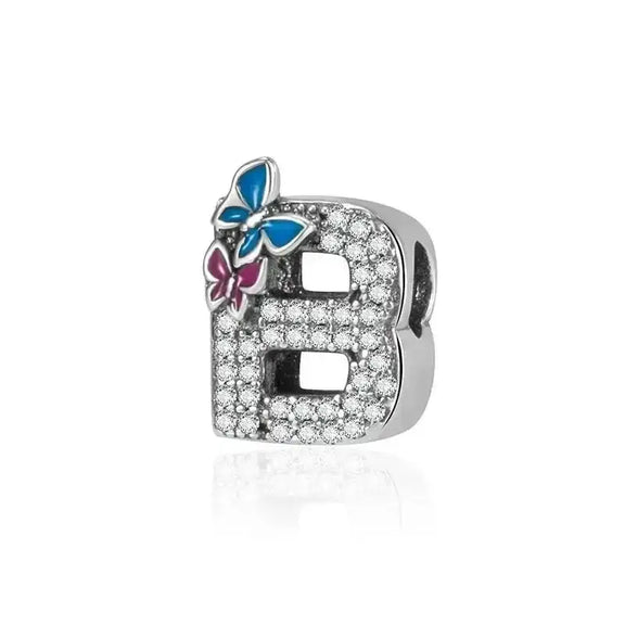 butterfly silver letter B charm - butterfly with Letter B Charm