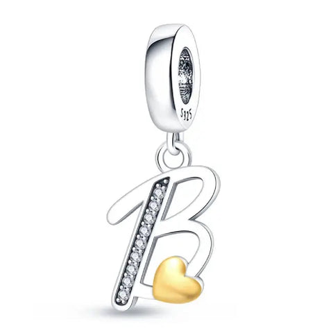 Silver letter B charm Gold heart - Silver letter B charm Gold heart