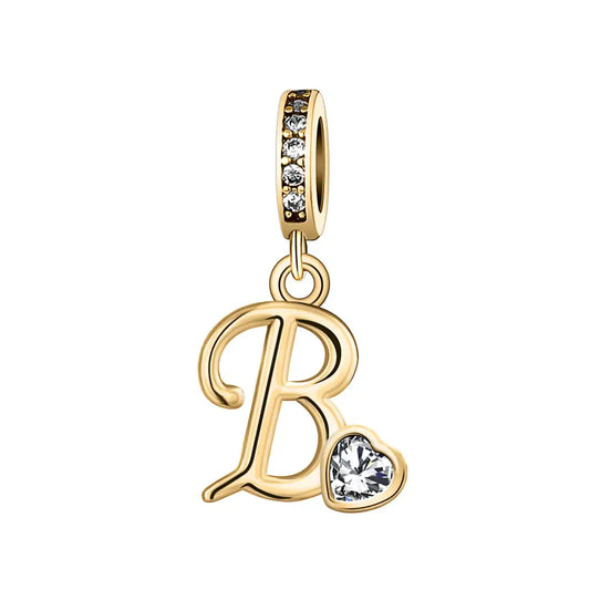 Gold B Letter Charm with pendant crystal Heart