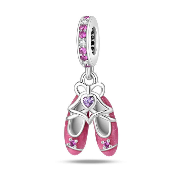 Delicate Pink Ballet Shoes Charm with Elegant Gem Accents - A sterling silver charm featuring ballet shoes with pink enamel and zirconia stones, perfect for dancers and ballet lovers.