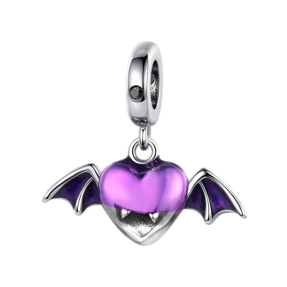 Bat Heart Charm with Purple Enamel in Sterling Silver - Sterling silver bat charm holding a purple enamel heart, perfect for charm bracelets or gothic jewelry collections.