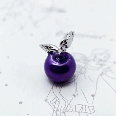 Purple apple charm with silver leaves.