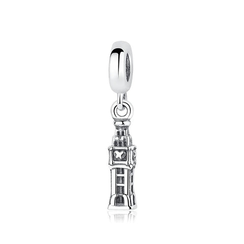 Big Ben Clock Tower Sterling Silver Dangle Charm - A sterling silver dangle charm depicting the Big Ben clock tower with detailed architectural engraving, hanging from a smooth clip-on bail