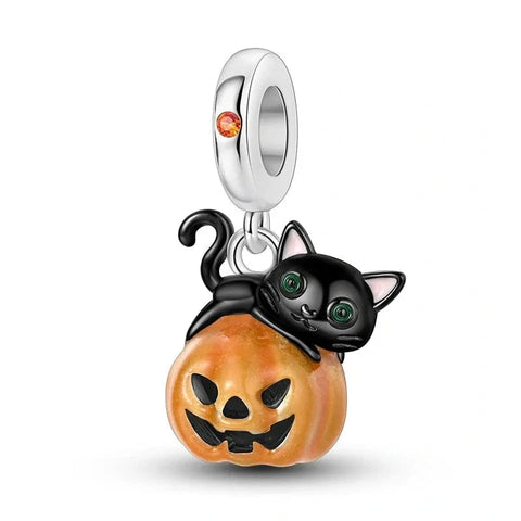 Black Cat on Pumpkin Dangle Charm - Black Cat on Pumpkin Dangle Charm