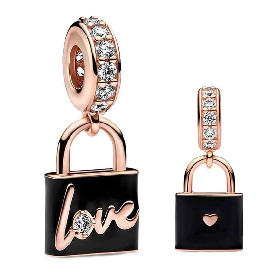 Black Enamel and Rose Gold Lock Charm - Black enamel lock charm with rose gold and crystals, perfect for a chic and modern jewelry look.