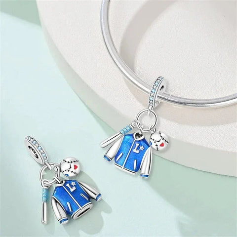 Blue Baseball Jacket, Bat & Ball Dangle Charm - Blue Baseball Jacket, Bat & Ball Dangle Charm