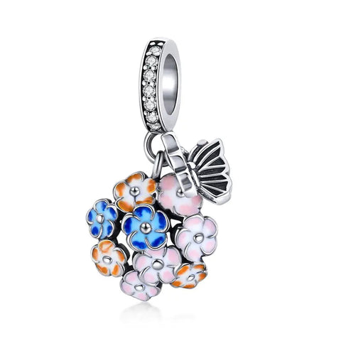Blue & Pink flower with silver Butterfly Charm - Blue & Pink flower with silver Butterfly Charm