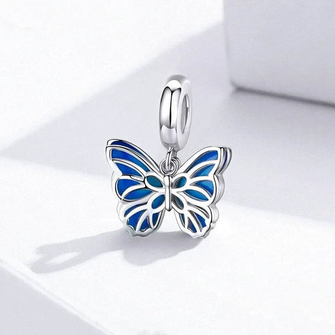Blue Butterfly Dangle Silver Charm - Blue Butterfly Dangle Silver Charm