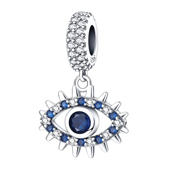 Sterling Silver Evil Eye Charm with Blue Crystal and Pave Detail - Sterling silver evil eye charm with a blue central crystal and pave detailing, perfect for charm bracelets or necklaces.