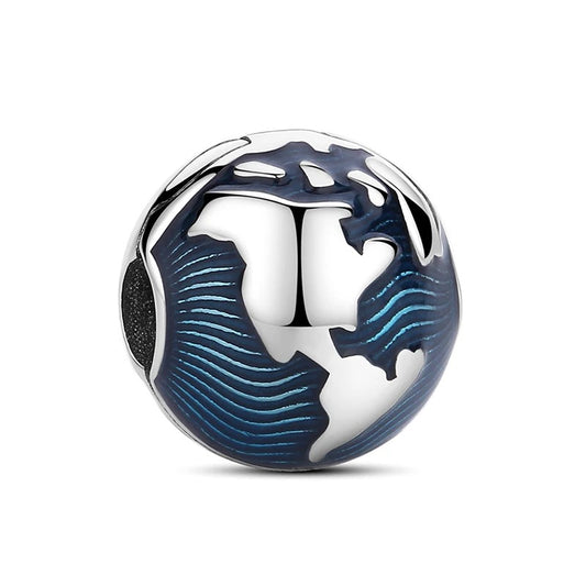 A spherical clip-on charm shaped like a globe, featuring polished silver-tone continents and deep navy and teal blue enamel oceans with wave line detailing