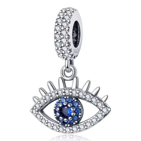Sparkling Evil Eye Sterling Silver Charm with Blue Gemstone Center - Sparkling Evil Eye Sterling Silver Charm with Blue Gemstone Center