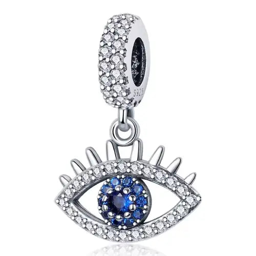 Sparkling Evil Eye Sterling Silver Charm with Blue Gemstone Center