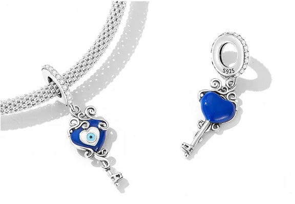 Blue Heart Key Evil Eye Charm - Blue Heart Key Evil Eye Charm