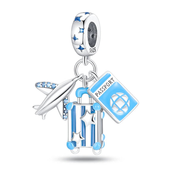 Silver and Blue Plane, Passport and Suitcase Dangle Charm - blue-luggage-charm charm fits Pandora bracelet affordable Jewelry