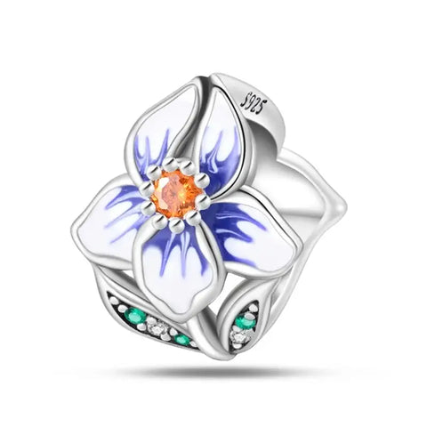 Orchid Flower Charm with Orange Crystal Center and Green Accents - Orchid Flower Charm with Orange Crystal Center and Green Accents