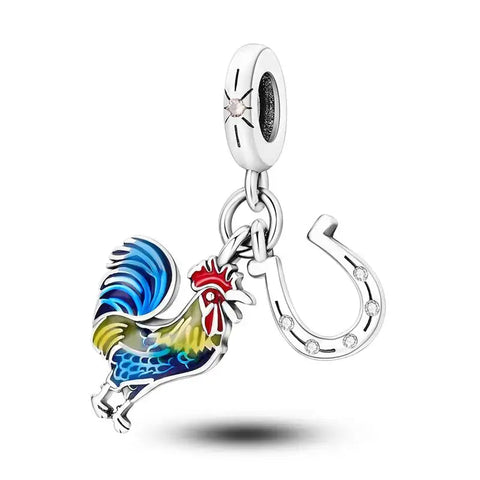 Colored Rooster silver charm
