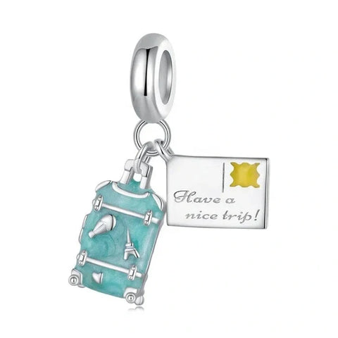 jewlouli bon voyage luggage and postcard dangle pandora charm jewelry fits pandora bracelet
