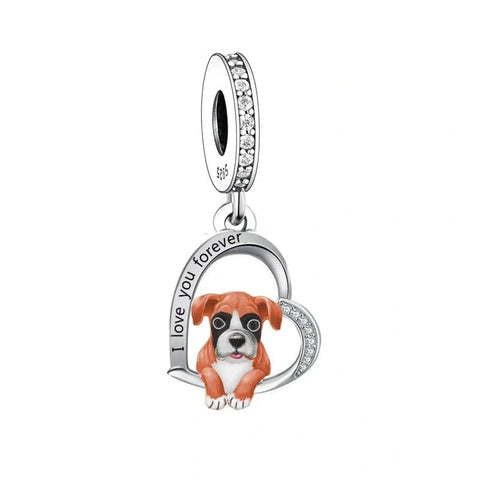 Boxer Love Silver Heart Dog Charm - Boxer Love Silver Heart Dog Charm