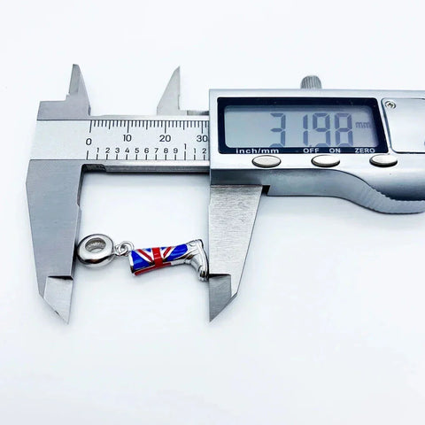 Union Jack boot charm measured by calipers.
