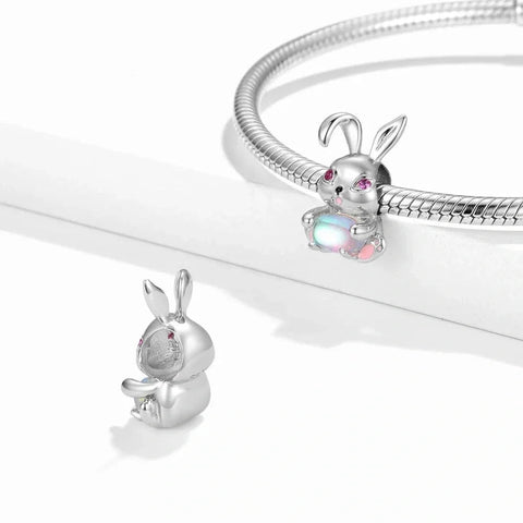 Bunny with Pink Gemstone Charm - Bunny with Pink Gemstone Charm