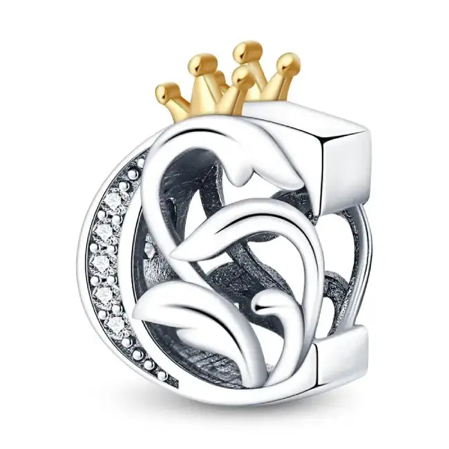 C Silver charm letter with gold Crown for pandora bracelets