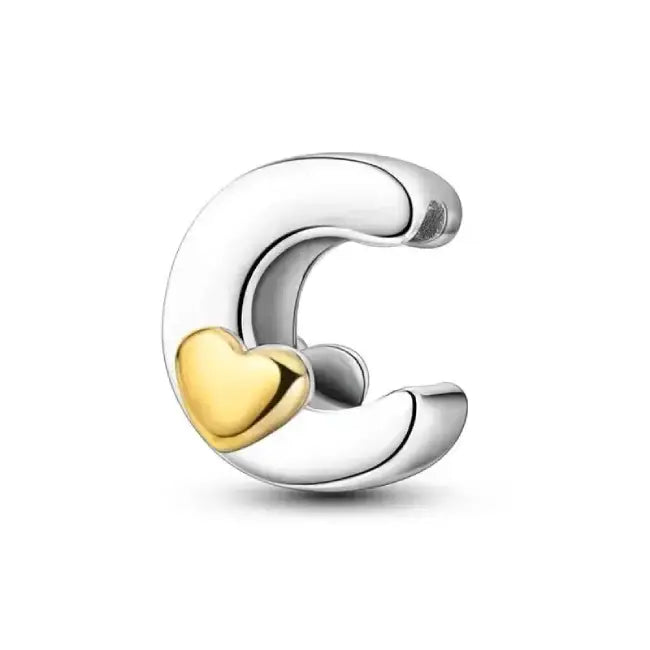 C Silver charm letter with gold heart for pandora bracelets