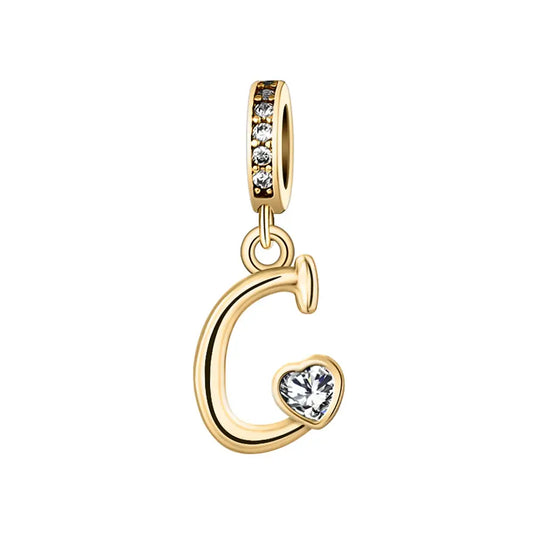 Gold C Letter Charm with pendant crystal Heart