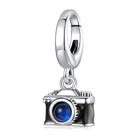 Camera Black Dangle Charm Blue lens