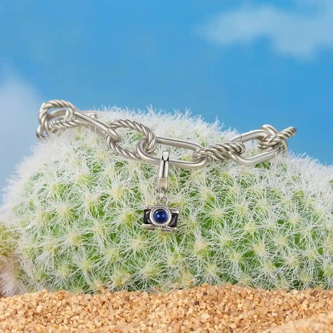 Camera Black Dangle Charm Blue lens