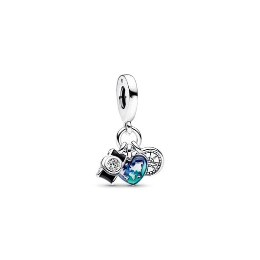 Triple dangle charm with camera, heart, and compass, perfect for travelers and adventurers