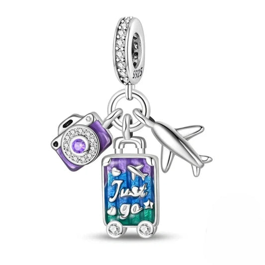 jewlouli camera plane and suitcase triple dangle pandora charm jewelry fits pandora bracelet
